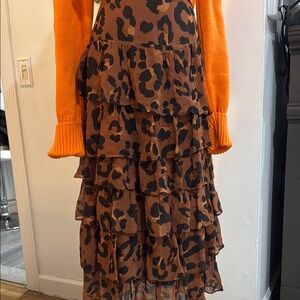 Tan and Brown Tiered Midi Skirt for Casual Occasions with small snag.